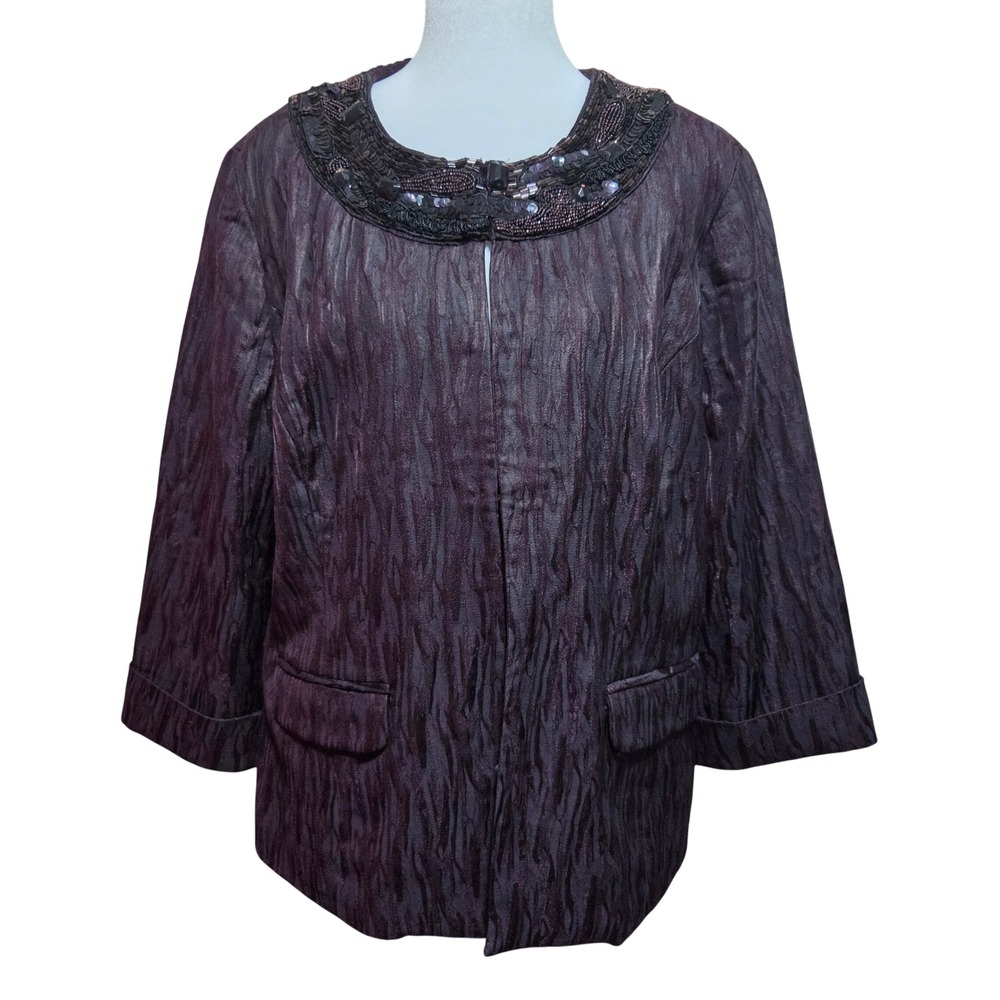 Chico's Plum Purple Crinkle Beaded Neckline Evening Jacket Size 2 Large Formal